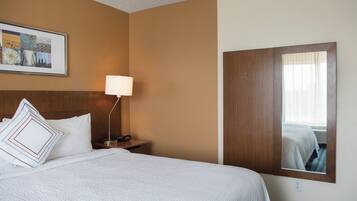 A hotel room with a large bed, a nightstand, a lamp, a framed picture on the wall, and a mirror reflecting the room.