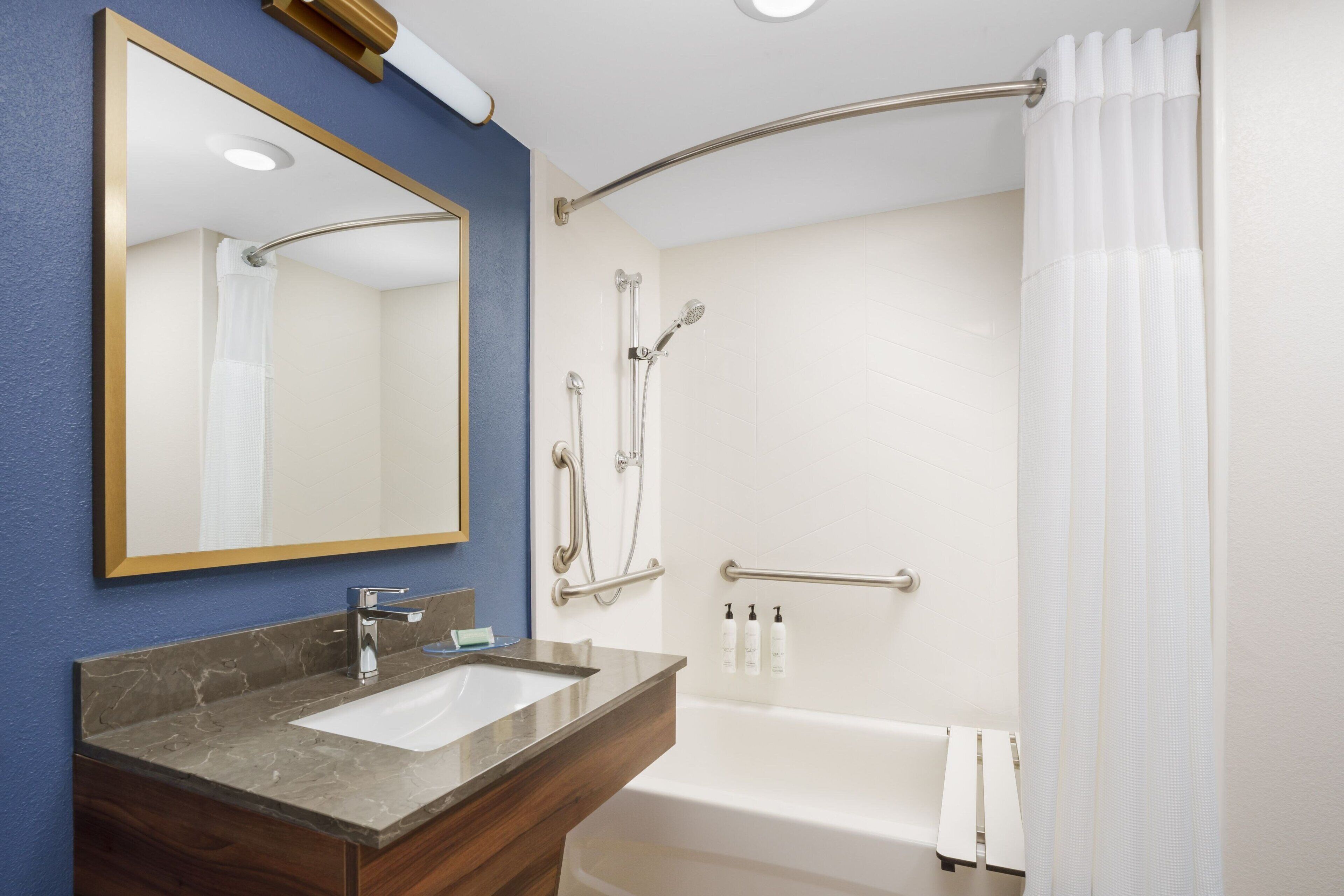 hypo-allergenic bedding, desk, blackout curtains, iron/ironing board