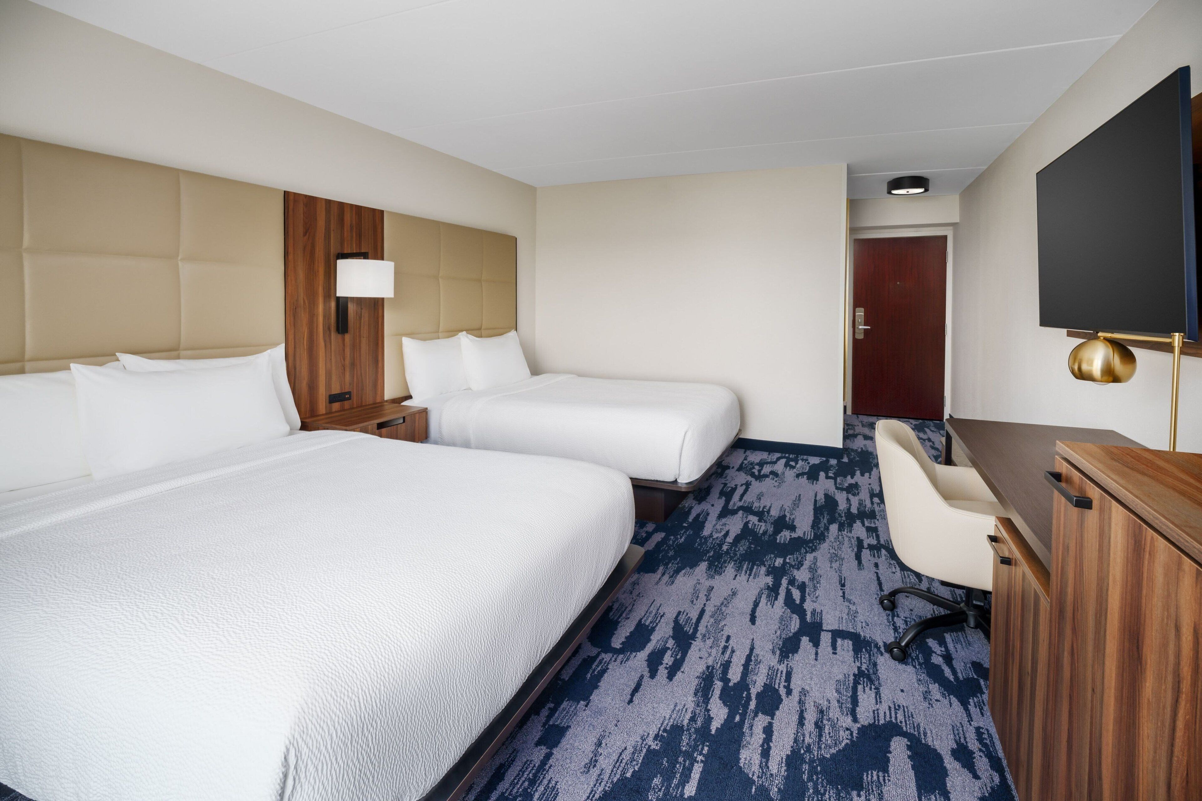 hypo-allergenic bedding, desk, blackout curtains, iron/ironing board