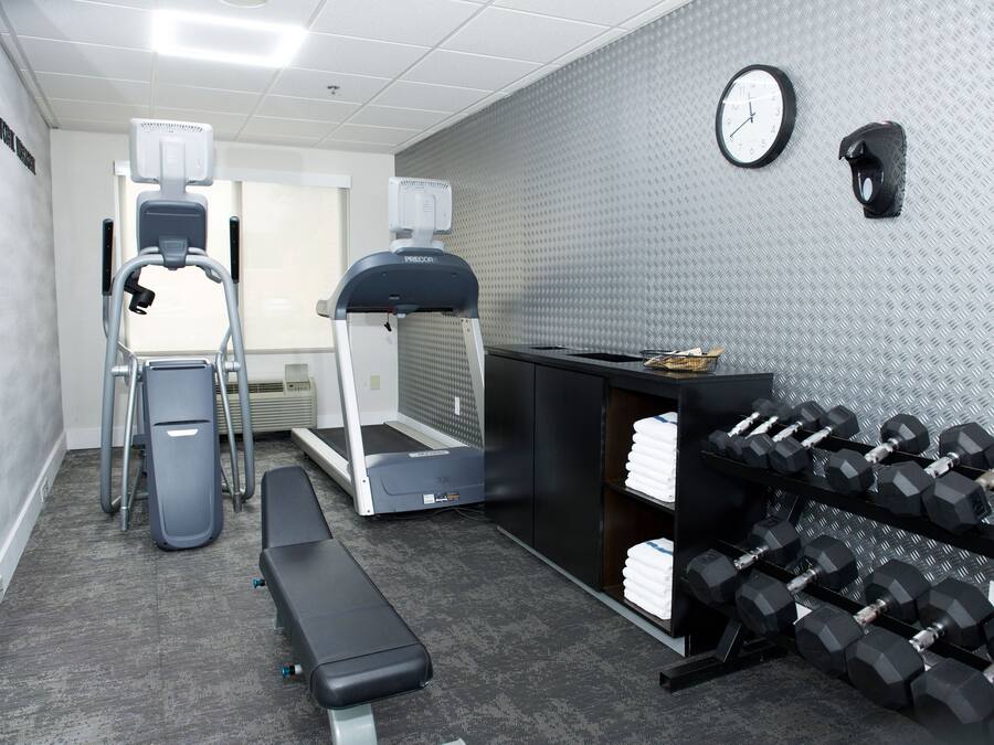 A gym with treadmills, a bench, and a rack of dumbbells.