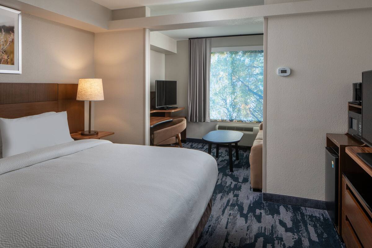 A hotel room with a large bed, a desk, a chair, a TV, and a window with curtains.