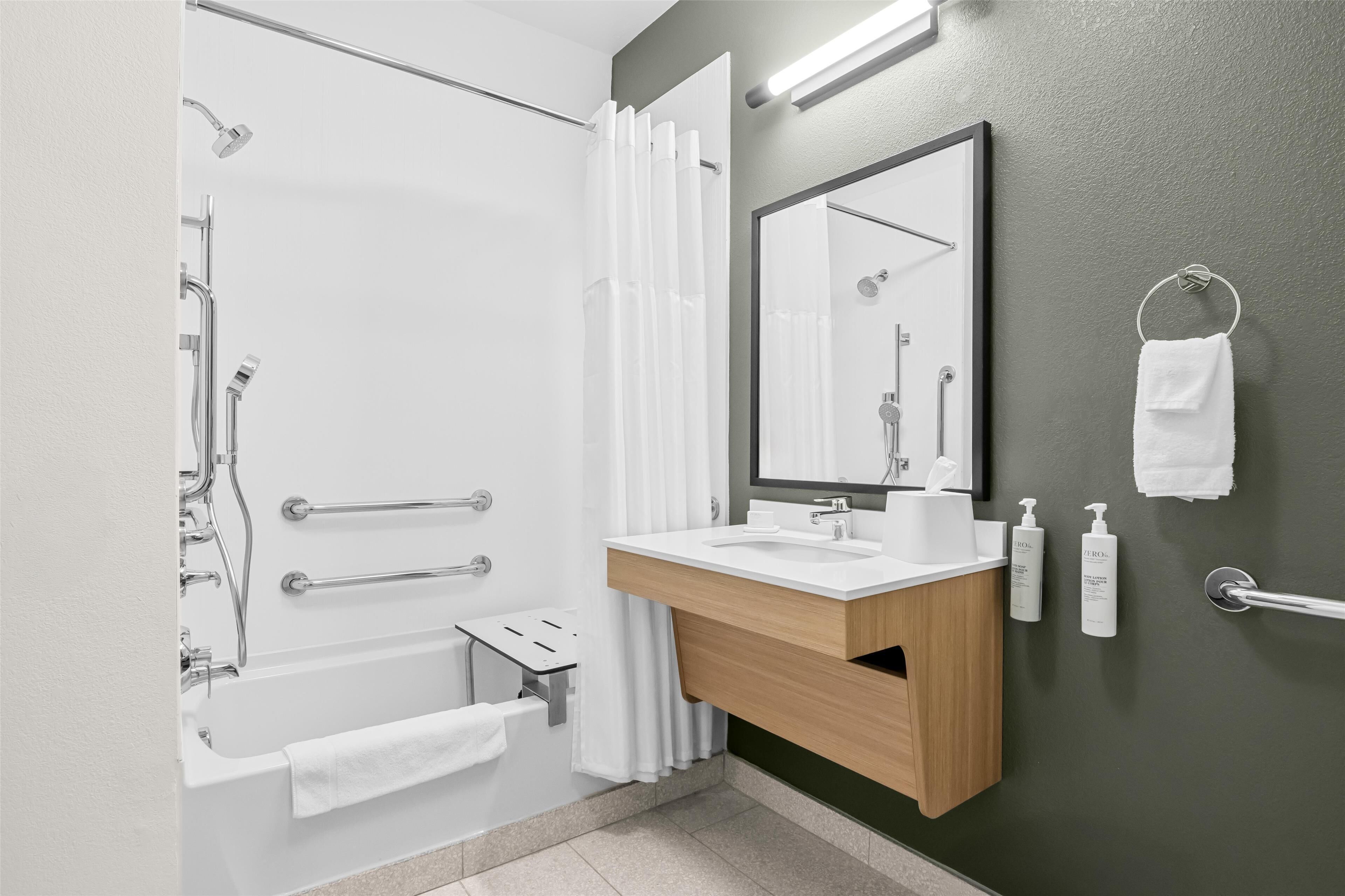 combined shower/bathtub, free toiletries, hair dryer, towels