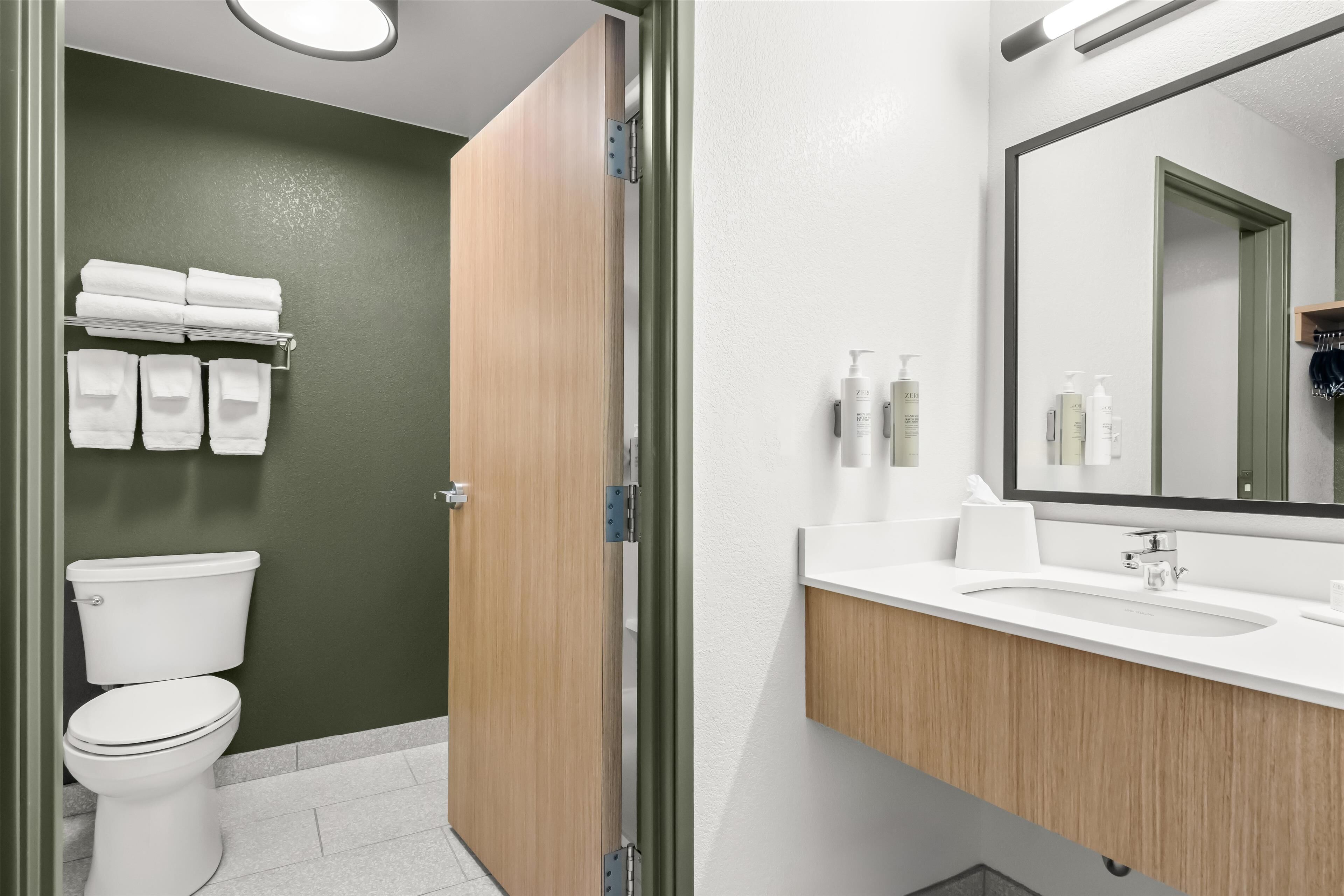 combined shower/bathtub, free toiletries, hair dryer, towels