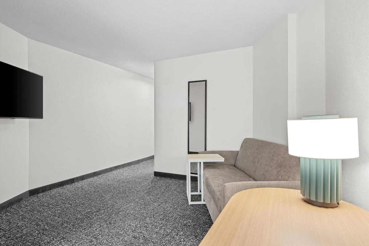 Studio, 1 King Bed with Sofa bed | Living area | 32-inch LCD TV with cable channels, TV