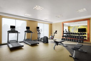 Un gimnasio con cintas de correr, elípticas, una bicicleta estática y un estante con mancuernas.