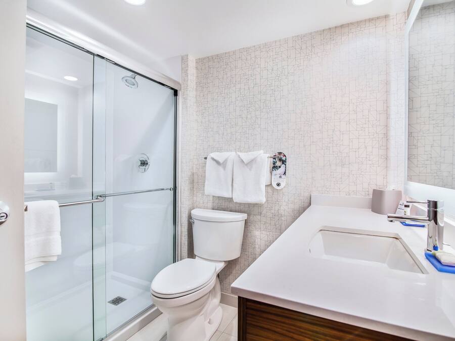 A modern bathroom with a glass shower enclosure, a toilet, and a sink with a mirror.