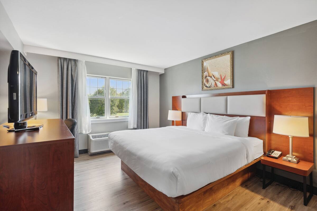 A hotel room with a large bed, a desk, a television, and a window with curtains.