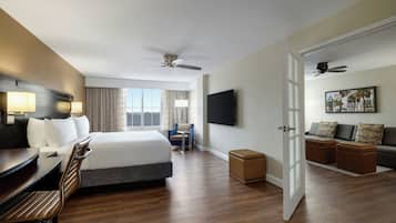 Premium bedding, pillowtop beds, desk, laptop workspace