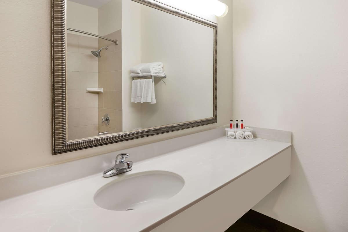 Combined shower/bathtub, free toiletries, hair dryer, towels