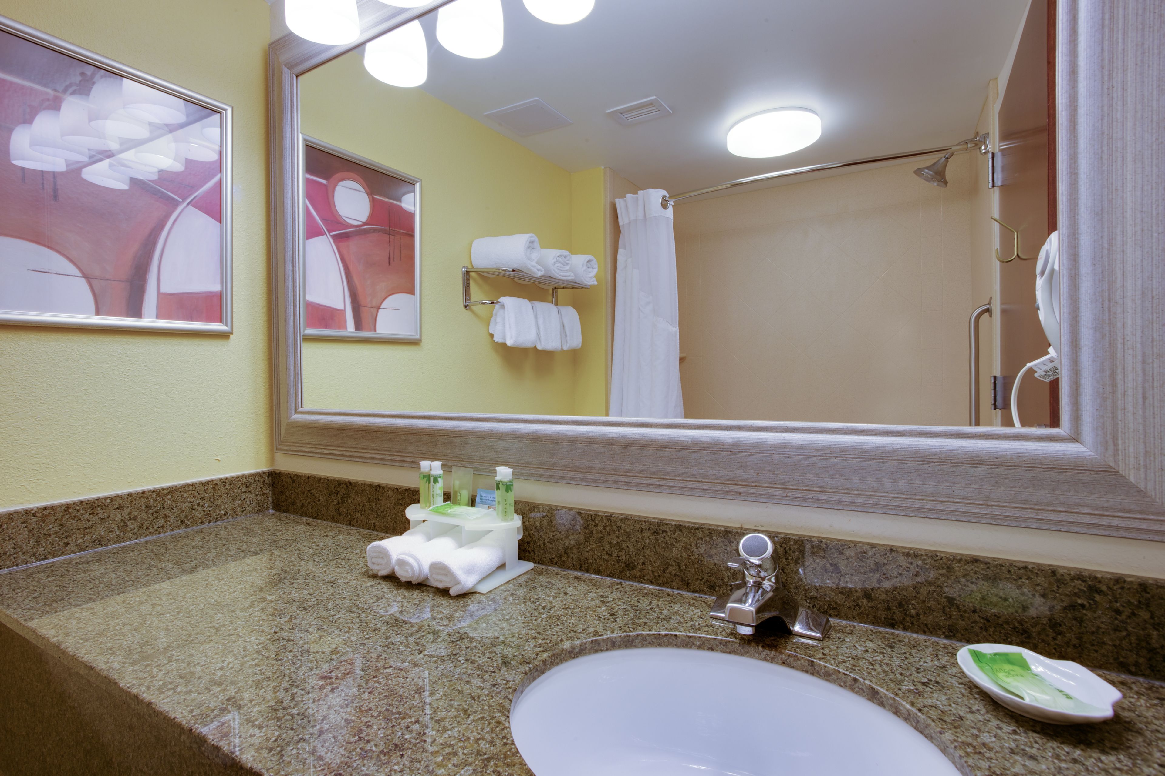 combined shower/bathtub, free toiletries, hair dryer, towels