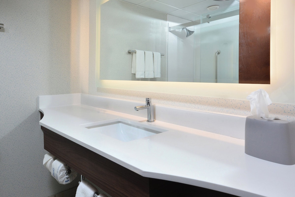 hair dryer, towels, soap, shampoo