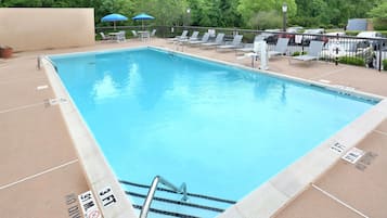 Seasonal outdoor pool, pool umbrellas, sun loungers