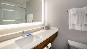 A modern bathroom with a large mirror, a sink, and a toilet. - Holiday Inn Express Hotel & Suites Columbus by IHG (Columbus)
