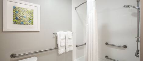 Un baño con inodoro, ducha con barras de apoyo y un cuadro en la pared.