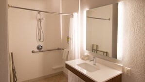 Une salle de bain avec une douche, un lavabo et un miroir.