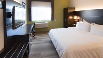 Desk, laptop workspace, blackout curtains, iron/ironing board