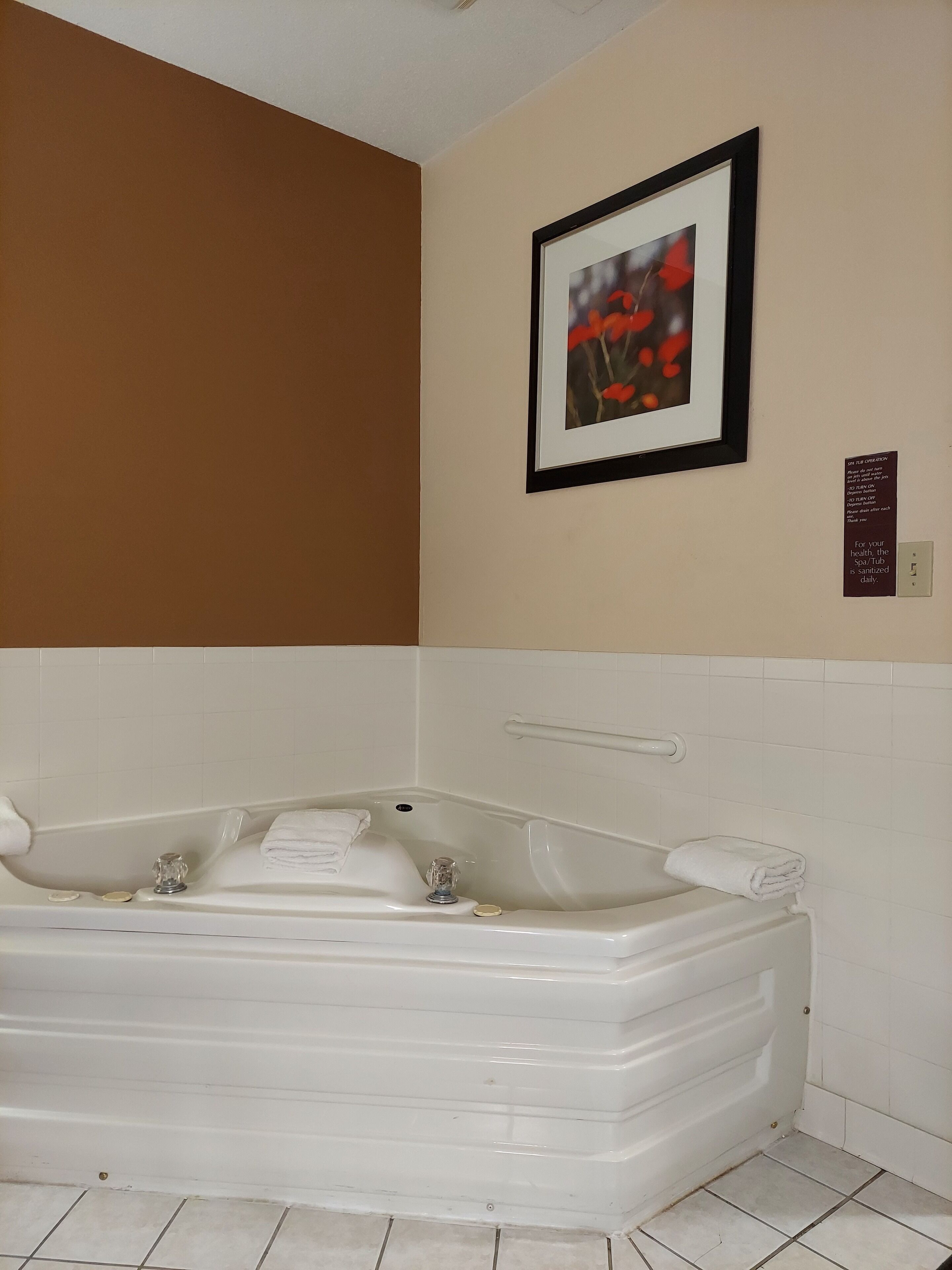 A bathroom with a large white bathtub, a framed picture on the wall, and a sign indicating daily sanitization.