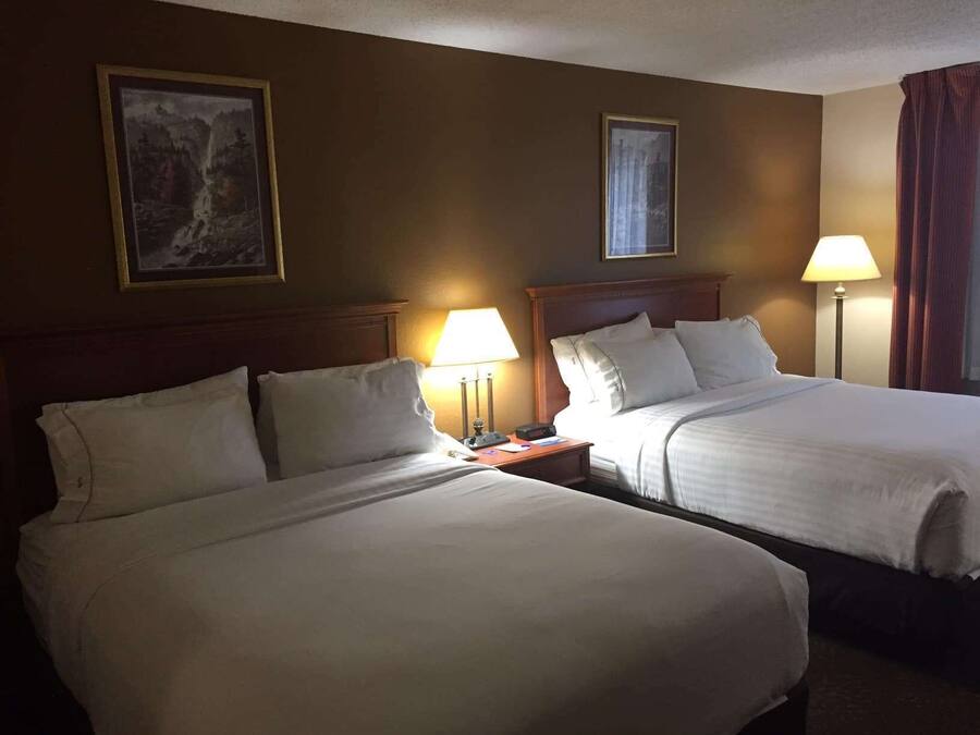 Habitación de hotel con dos camas, una mesita de noche con una lámpara y dos cuadros en la pared.