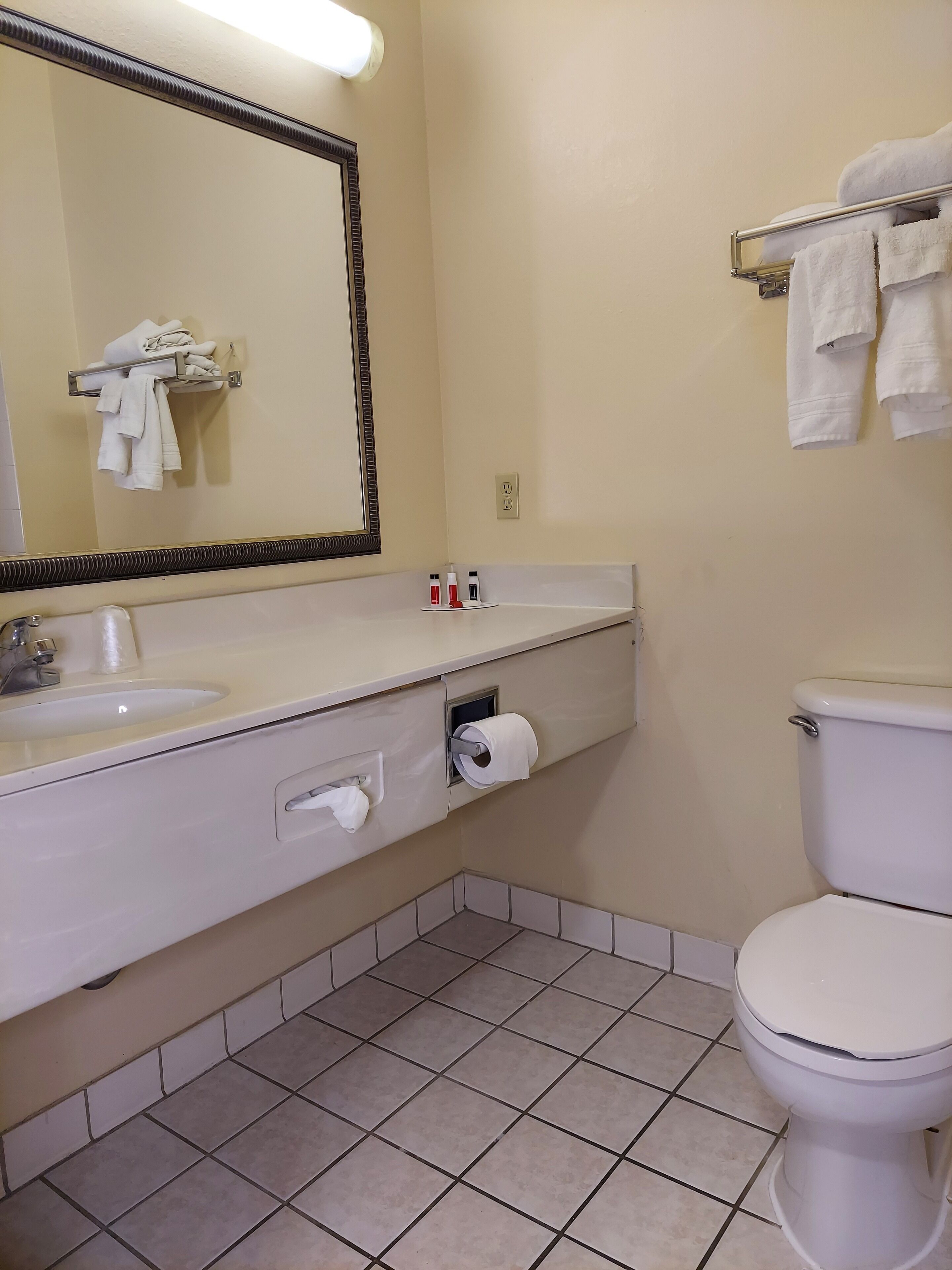A bathroom with a white sink, mirror, and toilet. There are towels hanging on a rack and a toilet paper holder on the wall.