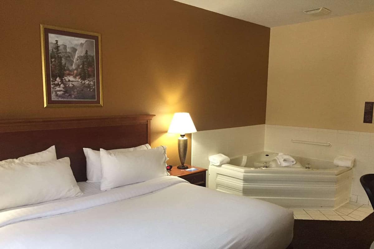 A hotel room with a large bed, a sitting area with a chair, a bathtub, and a framed picture on the wall.