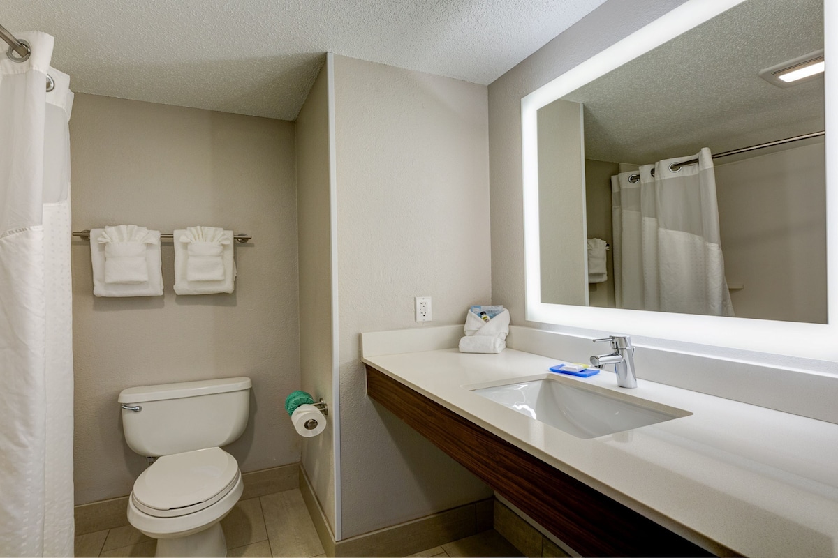 A bathroom with a toilet, a sink, a mirror, and a shower curtain.