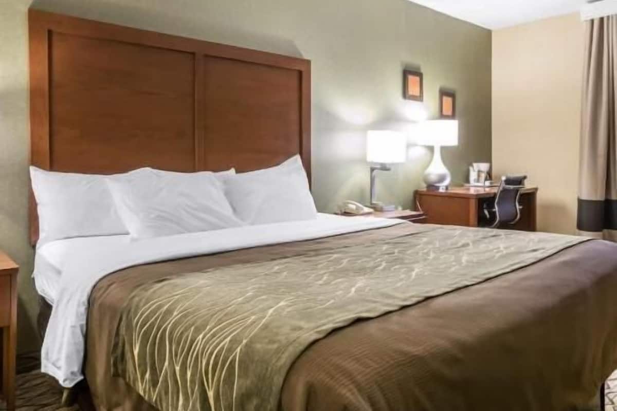 A hotel room with a large bed, a wooden headboard, a bedside table with a lamp, and a chair.
