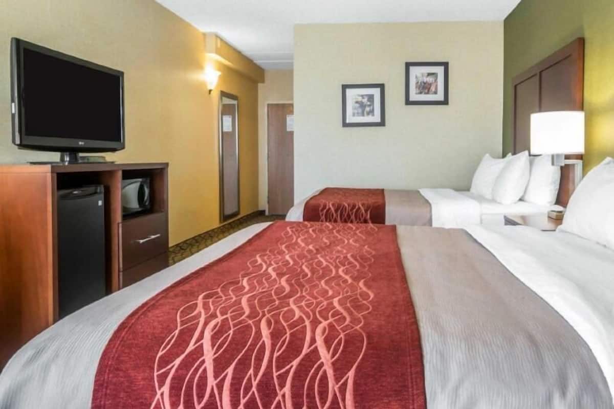 A hotel room with two beds, a TV, a desk, and a lamp.