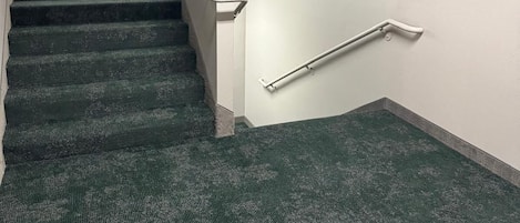 A staircase with green carpeted steps, a wooden handrail, and a white handrail on the right side.