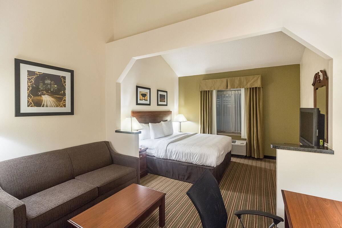 A hotel room with a bed, a sofa, a desk, a chair, a TV, and a picture on the wall.