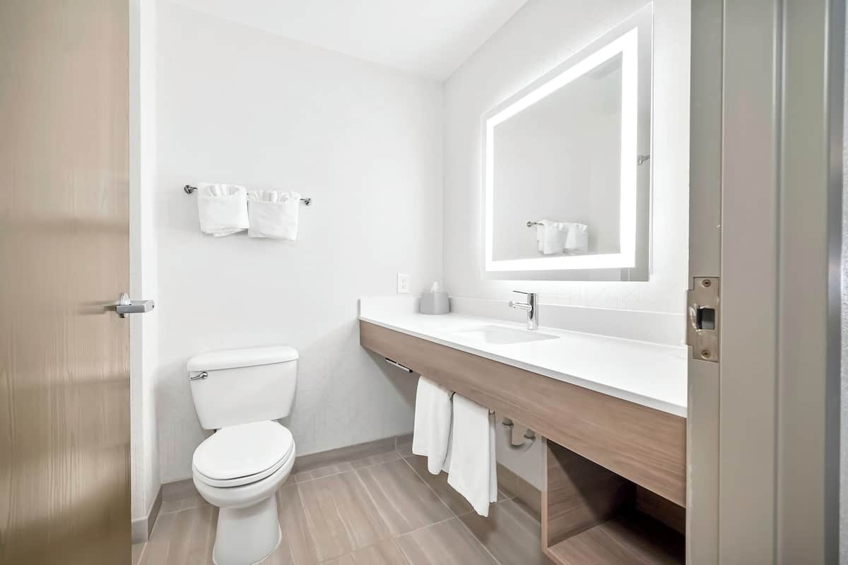 Un baño moderno con inodoro blanco, un espejo grande y un mueble de tocador de madera con lavabo.
