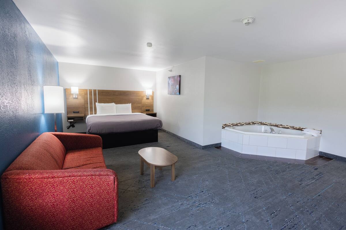 Una habitación de hotel moderna con cama, un sofá rojo, una mesita, una bañera y un cabecero con una lámpara.