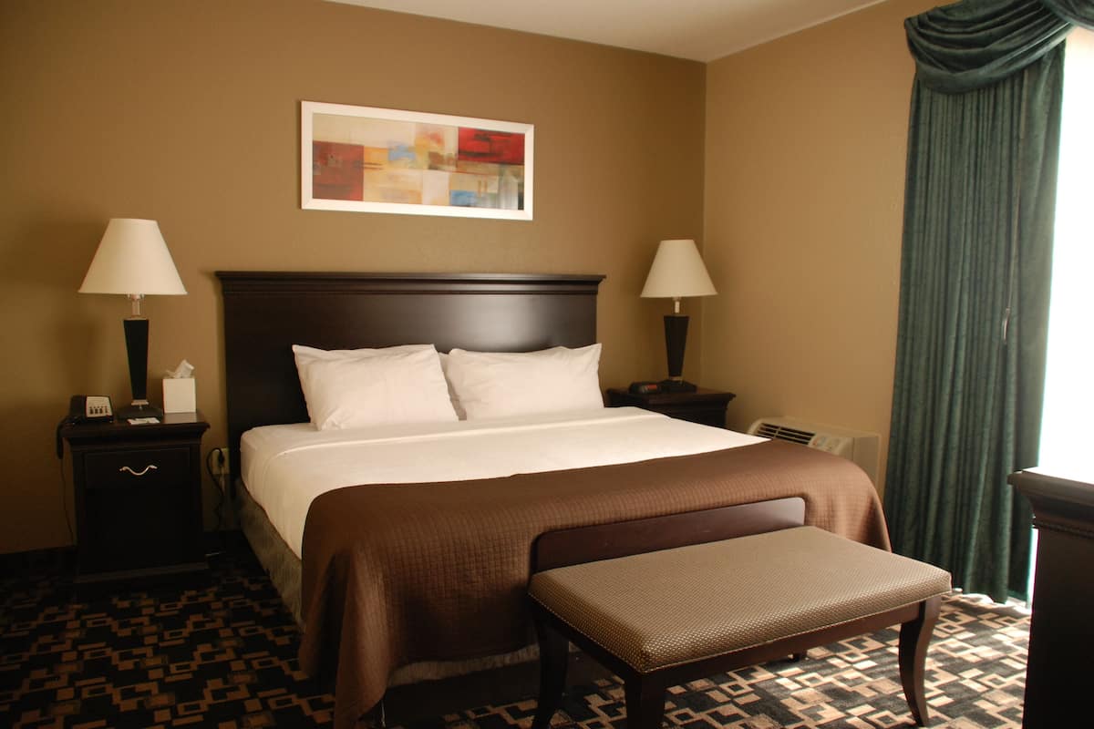 Une chambre d’hôtel avec un grand lit, deux tables de chevet avec des lampes, un banc, un sol à motifs et un tableau au mur.