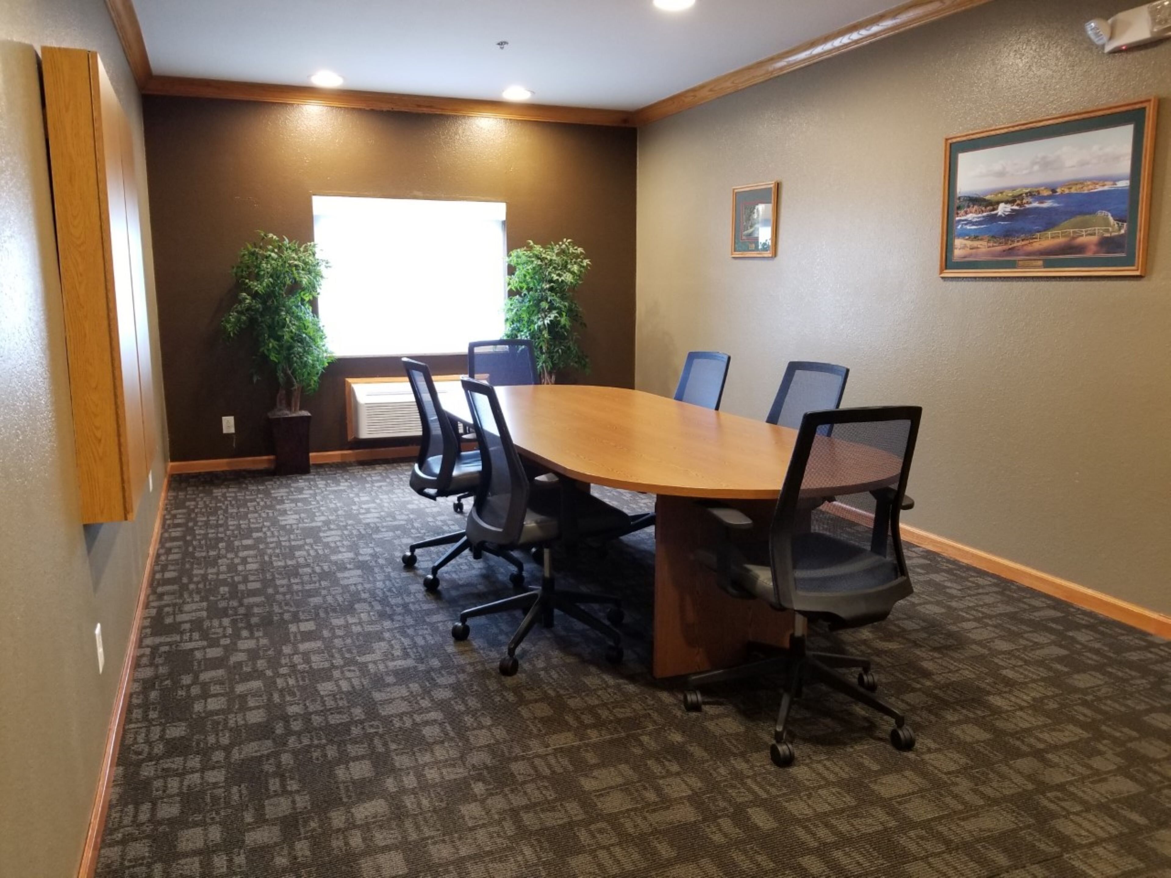 A conference room with a large oval table, six chairs, two potted plants, and a framed picture on the wall.
