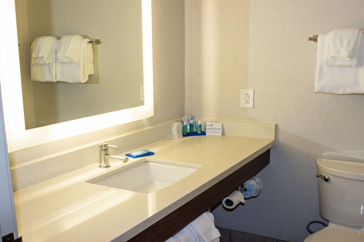 combined shower/bathtub, hair dryer, towels