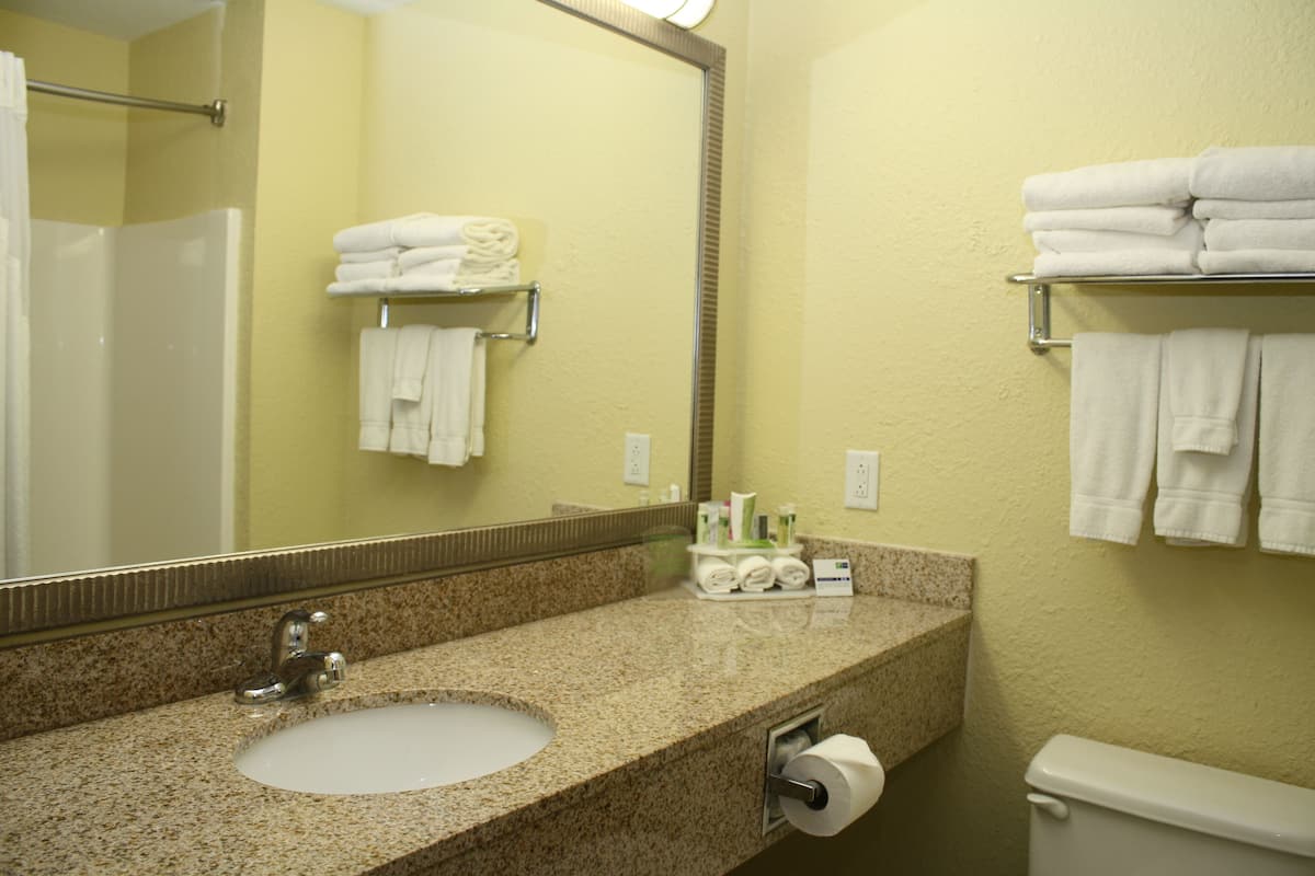 A bathroom with a granite countertop sink, a mirror, a toilet, and towel racks with folded towels.