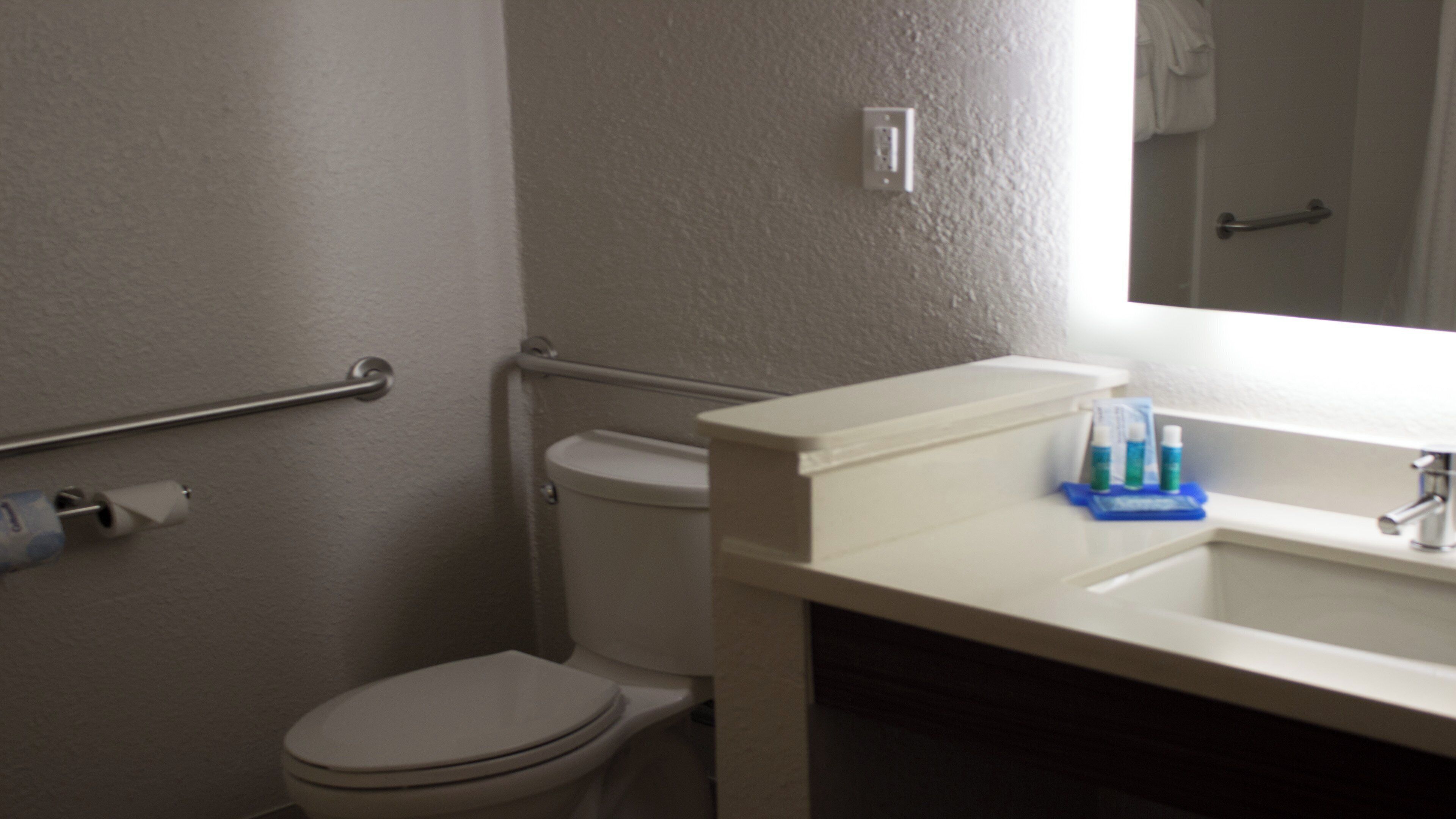 A bathroom with a toilet, a handrail, a sink with a mirror, and a towel hanging on the wall.