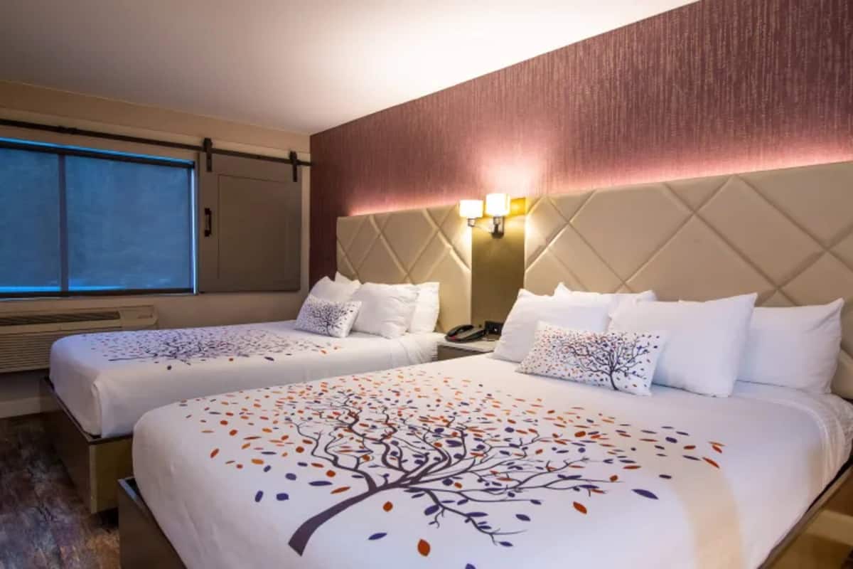 Une chambre d’hôtel avec deux lits, une grande fenêtre, un radiateur fixé au mur et une lampe fixée au mur.