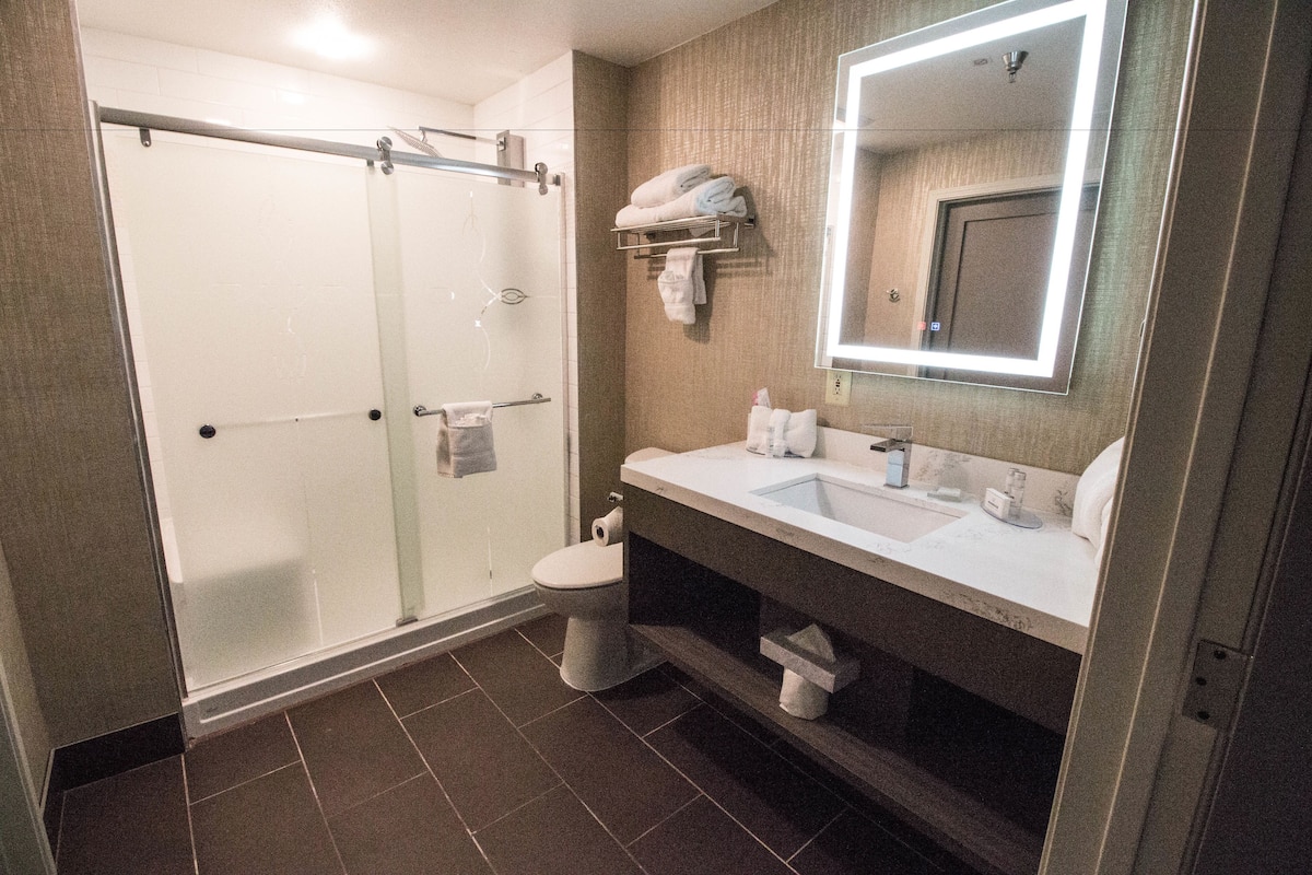 Shower, free toiletries, hair dryer, slippers