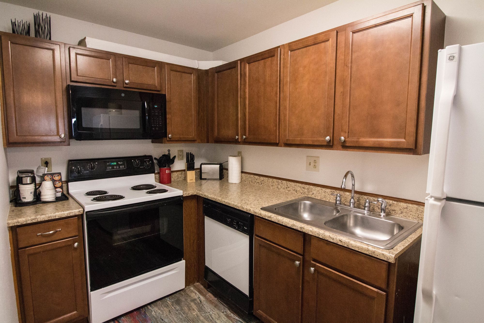 fridge, microwave, electric kettle