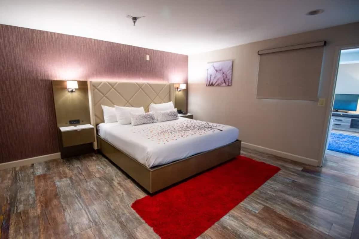 Une chambre d’hôtel moderne avec un grand lit, un tapis rouge, un plancher en bois et une vue sur la mer.