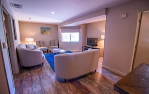 2 Bedroom king suite with full kitchen | Living area | 43-inch flat-screen TV with cable channels, TV