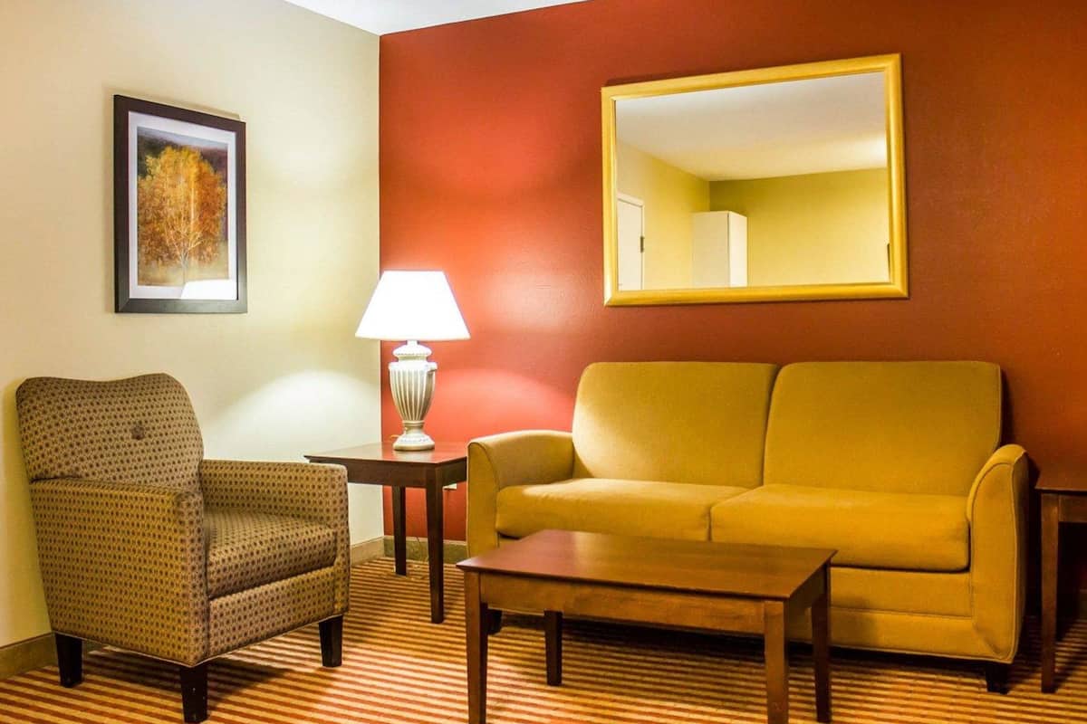 A room with a patterned armchair, a yellow sofa, a small table with a lamp, and a mirror on the wall.