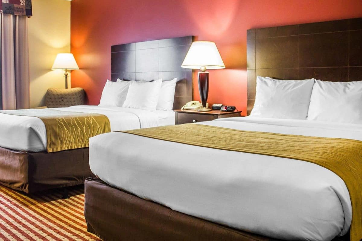 A hotel room with two beds, each with white linens and a brown headboard. There are two bedside tables with lamps, a TV mounted on the wall, and a red and white checkered carpet.
