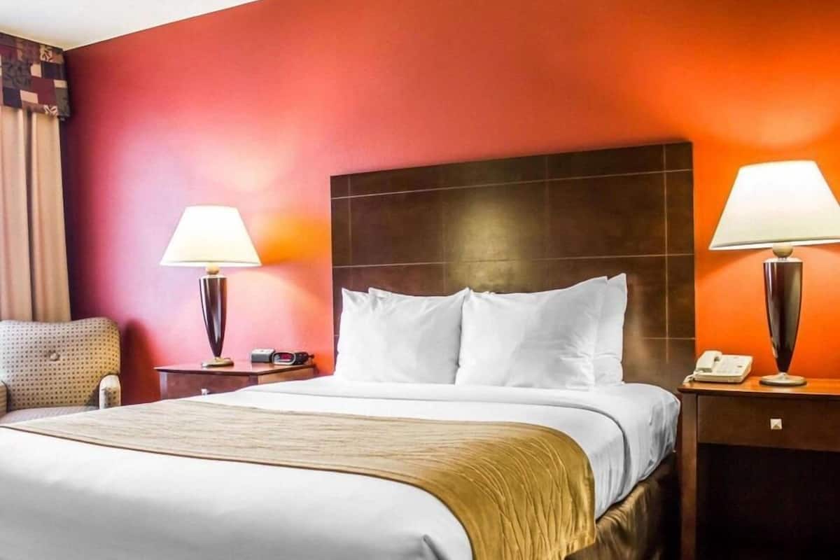 A hotel room with a large bed, two bedside lamps, a nightstand with a phone, and a chair.