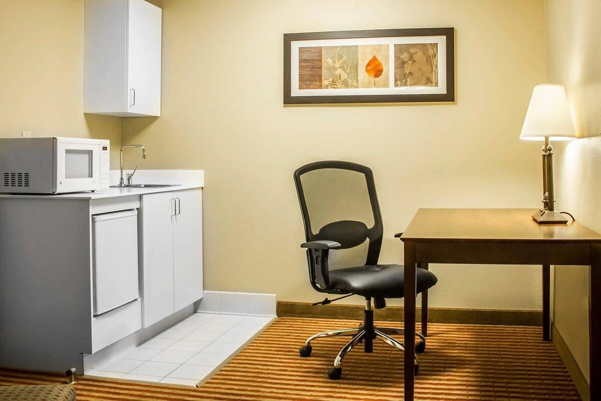 Laptop workspace, blackout drapes, iron/ironing board, cribs (free)