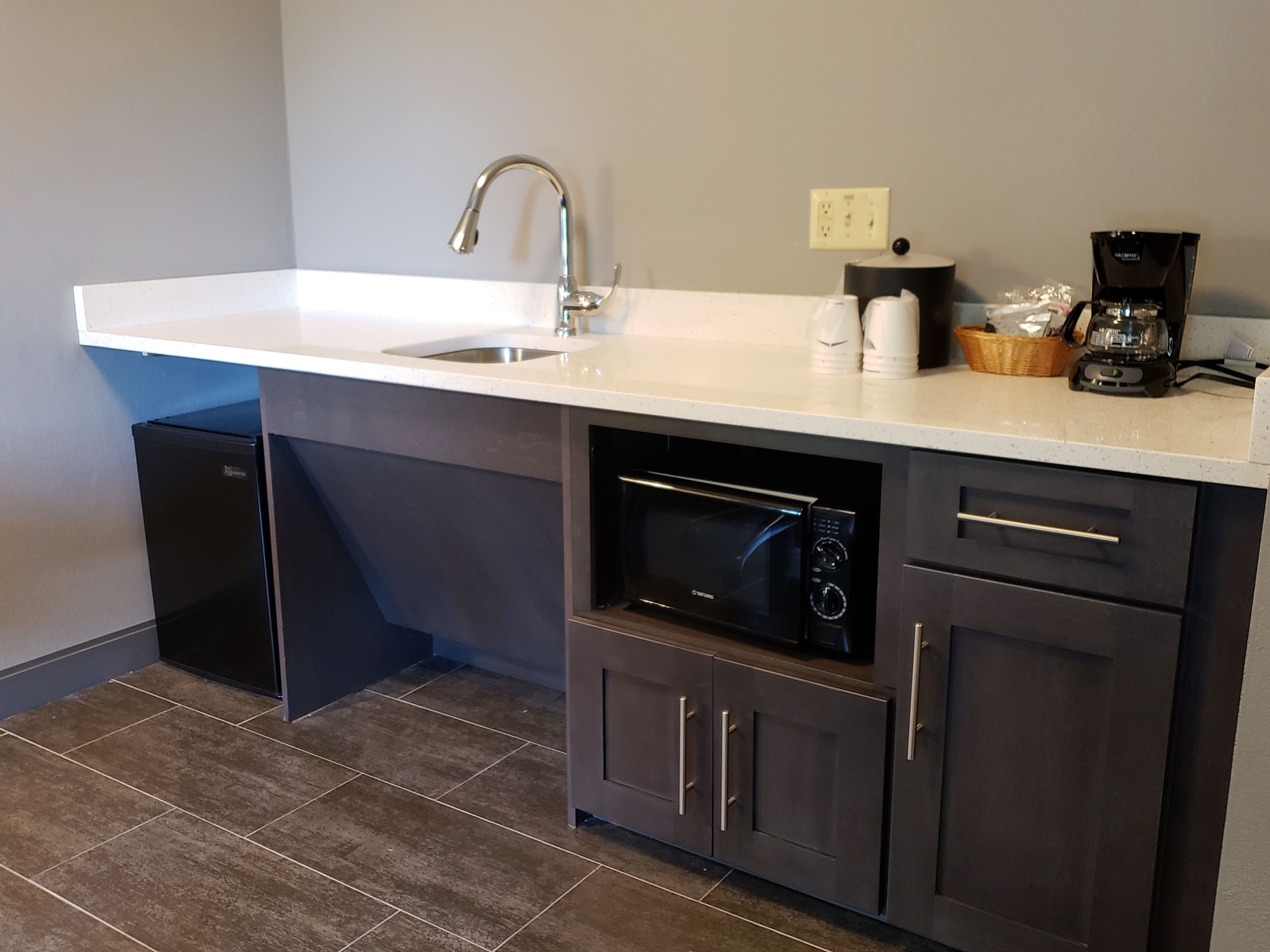 mini-fridge, microwave, coffee/tea maker