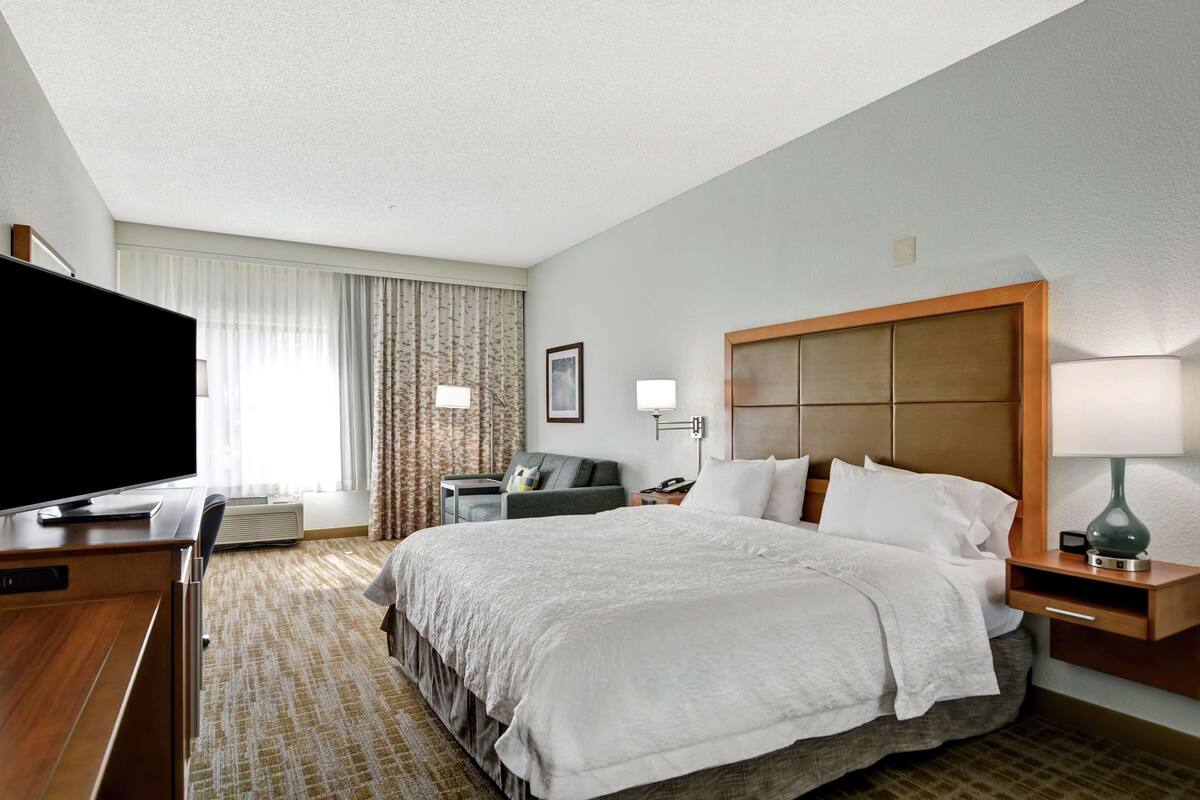 Una habitación de hotel con una cama grande, un televisor, un escritorio y una silla.