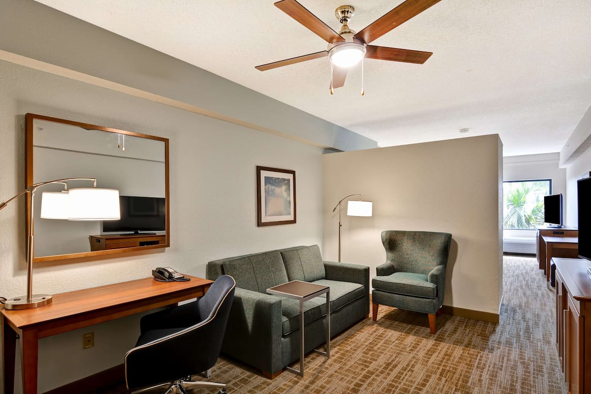 A hotel room with a desk, a sofa, a chair, a ceiling fan, a TV, and a window.