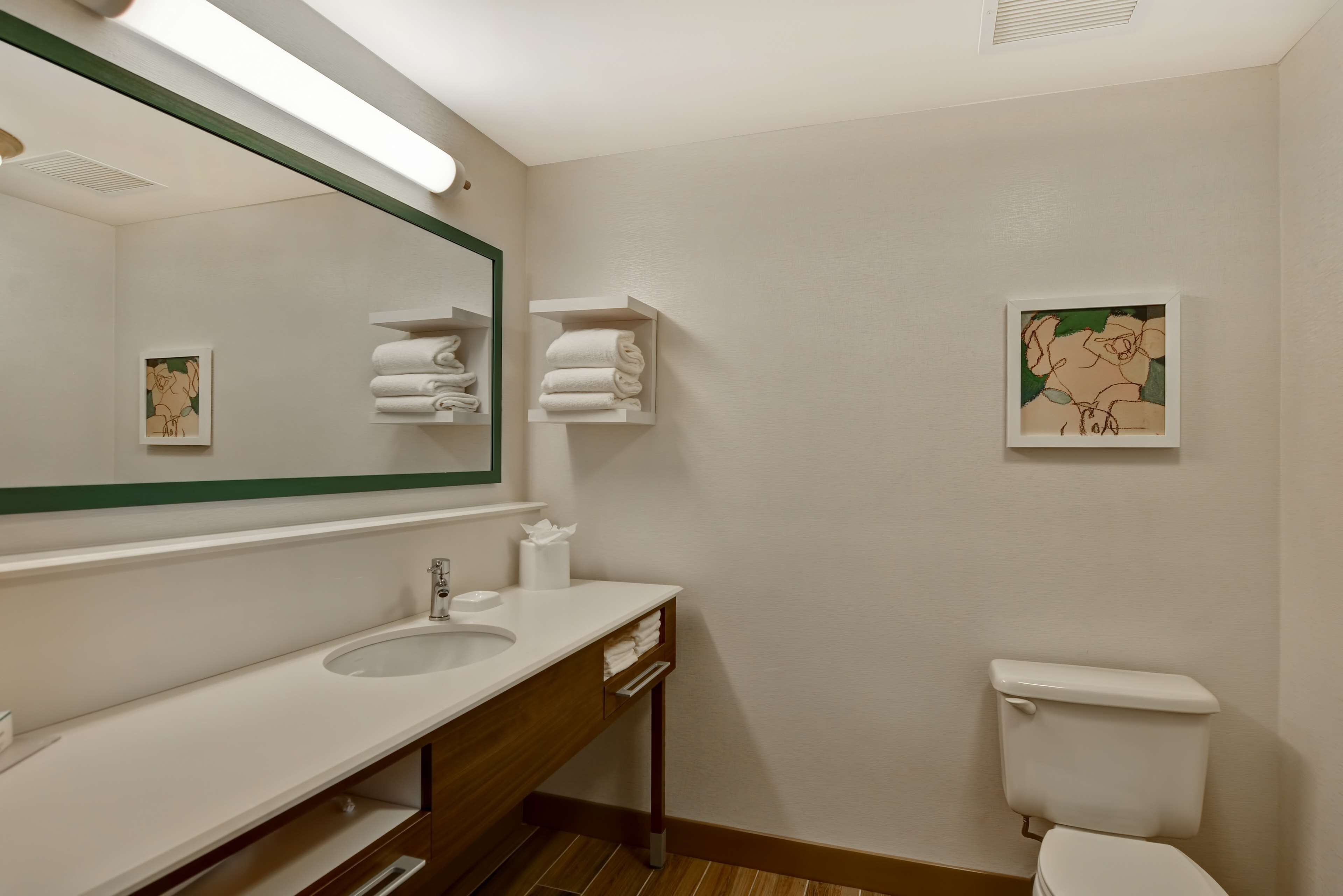 Une salle de bain équipée d’un lavabo, d’un miroir, de porte-serviettes, de toilettes et d’œuvres d’art accrochées aux murs.