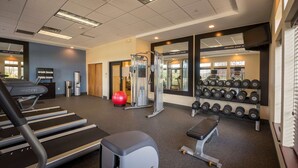 A gym with treadmills, a weight bench, a medicine ball, and a rack of dumbbells. - Hampton Inn & Suites Binghamton/Vestal (Vestal)
